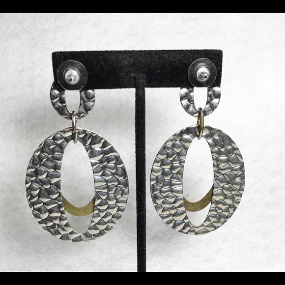 Vintage Long Dangle Hoop Silver And Brass Earrings - Picture 2 of 2